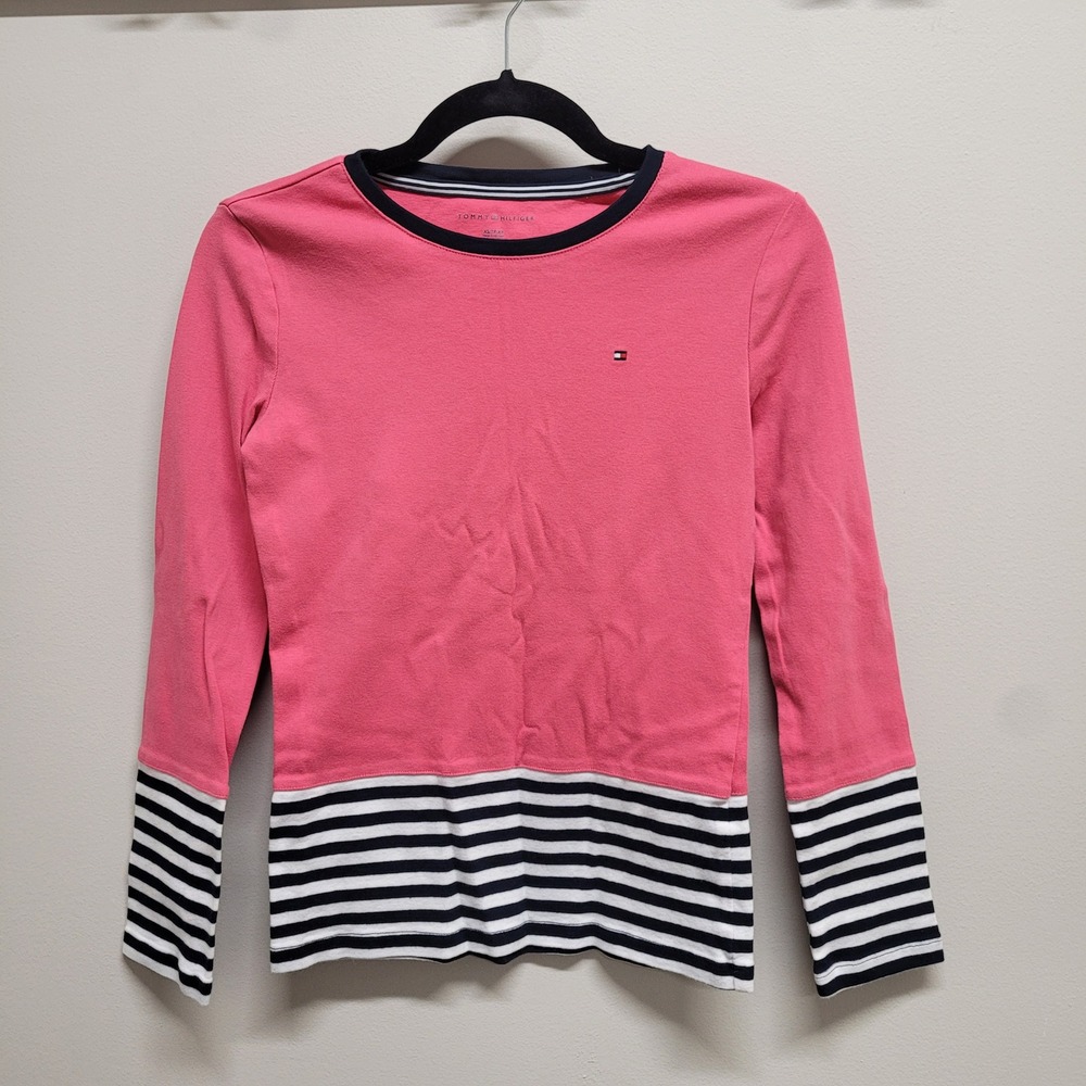 Tommy Hilfiger Womens Pink Striped Hem Long Sleeve Crew Neck Top XS